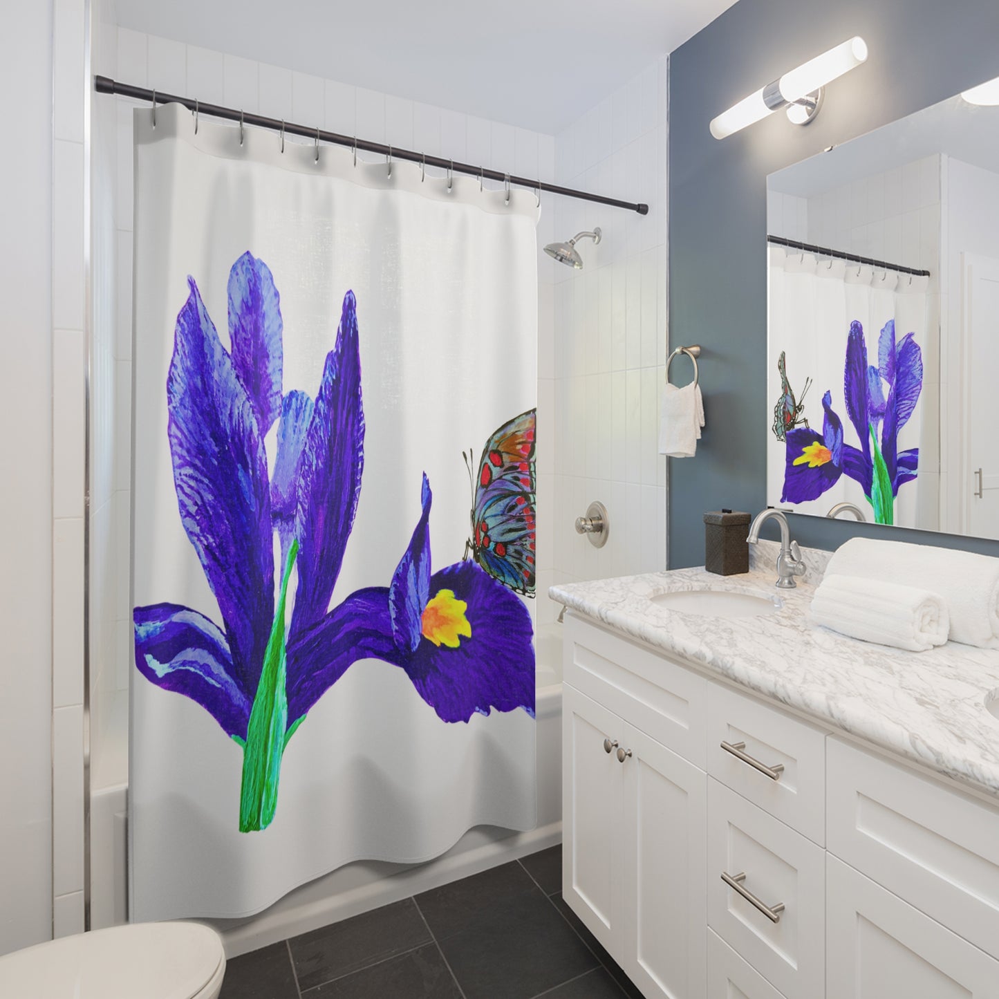Monarch on Iris Flower Shower Curtain, Botanical Bathroom Decor, Printed Floral Shower Curtain, Bathroom Refresh Gift