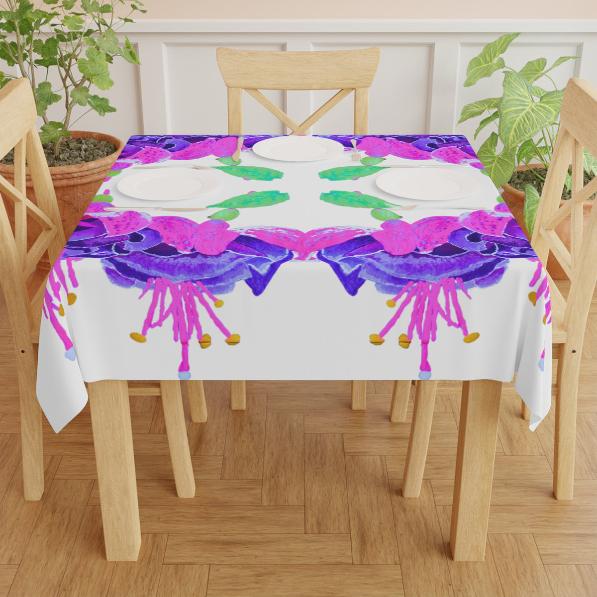 Fuchsia Flower Tablecloth, Festive Floral Patterned Table Throw, Square Wedding Tablecloth