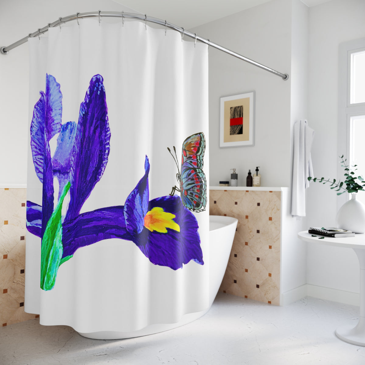 Monarch on Iris Flower Shower Curtain, Botanical Bathroom Decor, Printed Floral Shower Curtain, Bathroom Refresh Gift