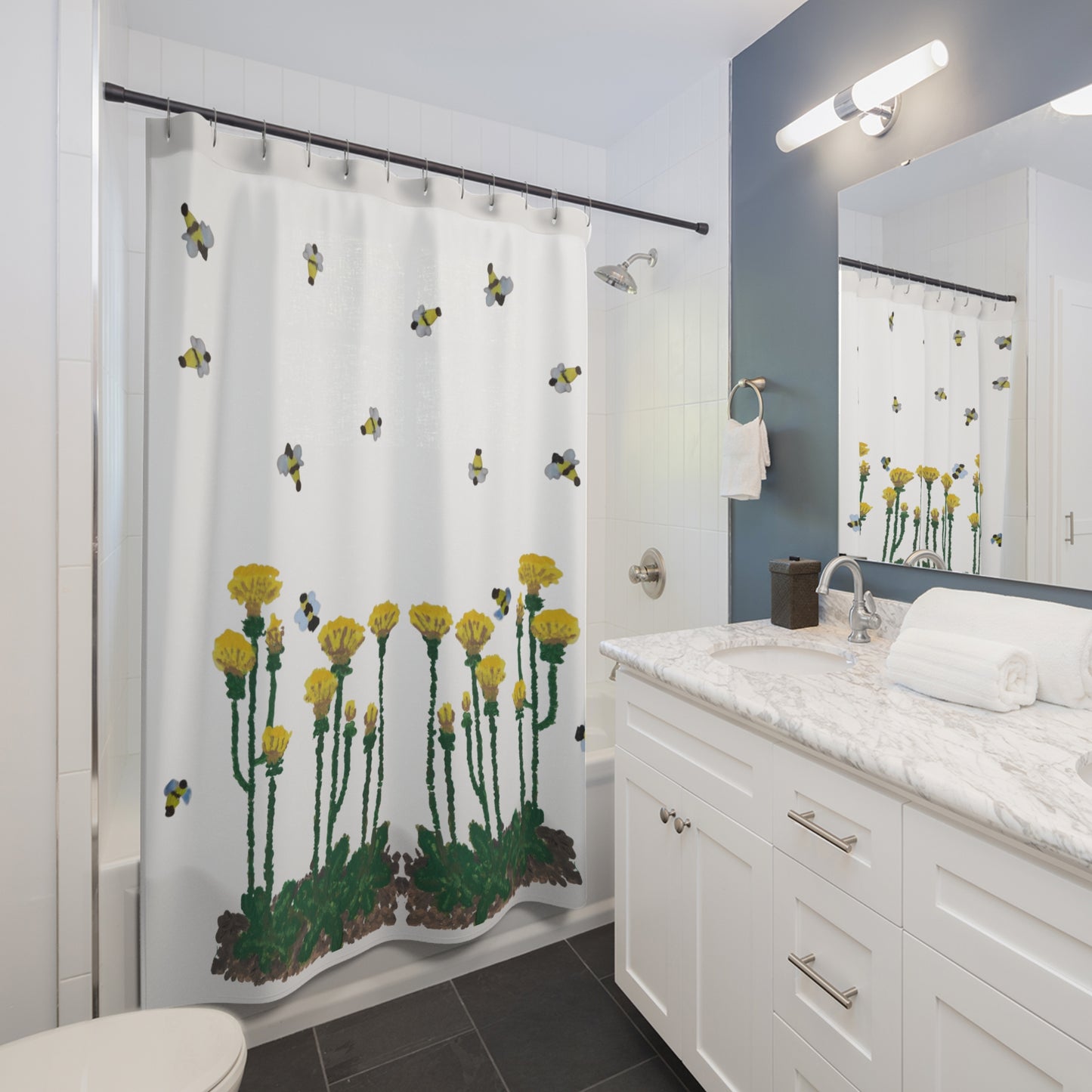 Dandelions and Bees Shower Curtains, Nature Inspired Botanical Bathroom Decor, Printed Floral Shower Curtain