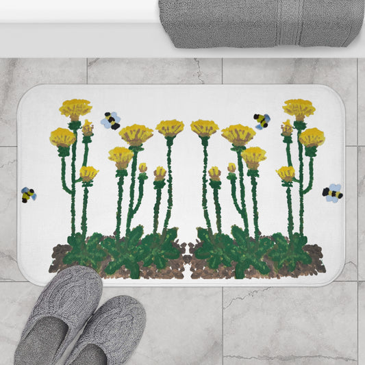 Dandelions and Bees Bath Mat, Trendy Nature Inspired Decorative Accent Rug, Memory Foam, Non Slip Backing