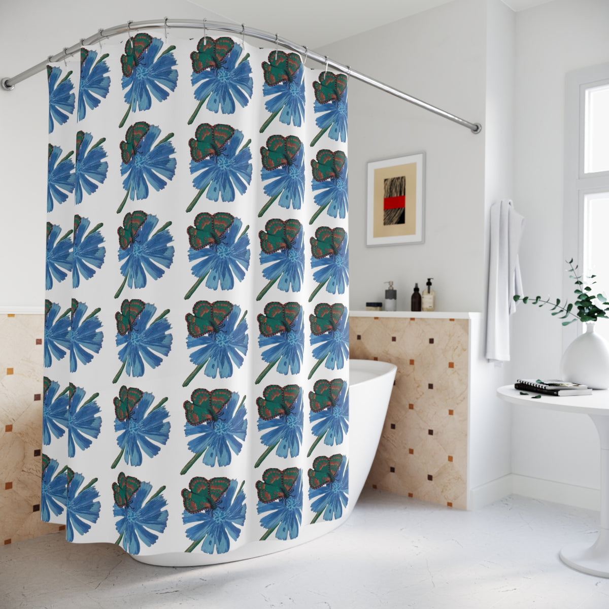 Blue Flower Butterfly Shower Curtains