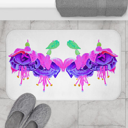 Fuchsia Floral Bath Mat, Trendy Decorative Accent Rug, Memory Foam Shower Mat with Non Slip Backing