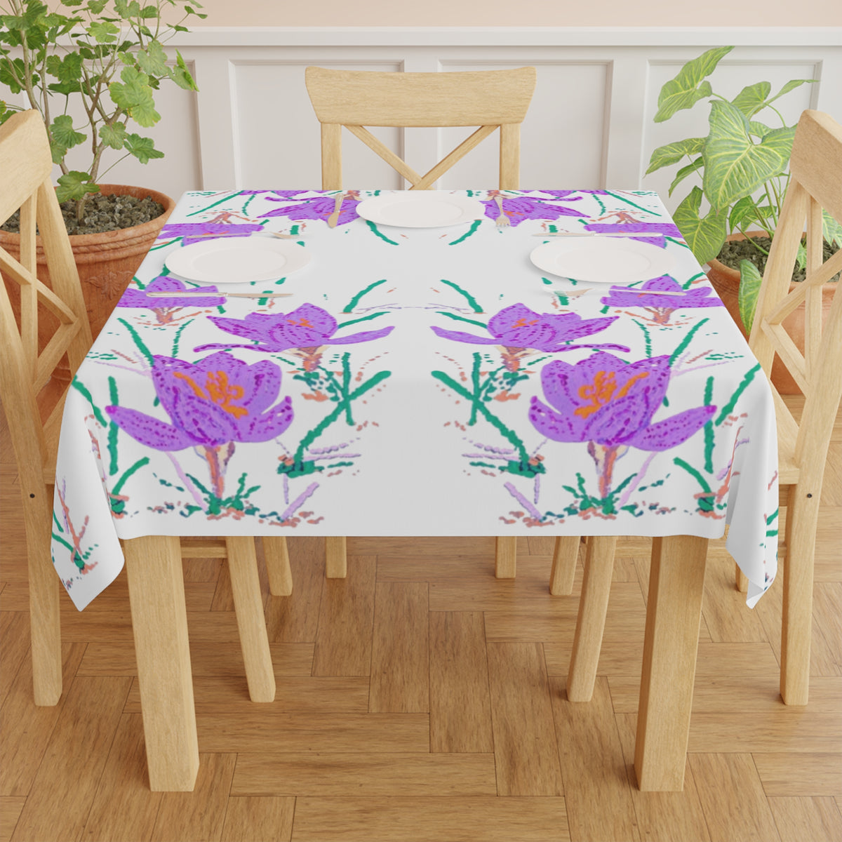 Crocus Flower Tablecloth, Decorative Wedding Tablecloth, Spring Outdoor Tablecloth, Floral Farmhouse Table Throw