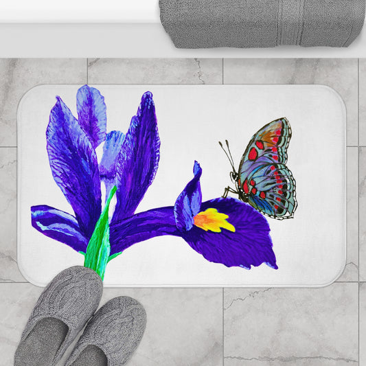 Monarch on Iris Flower Bath Mat, Trendy Accent Rug, Decorative Shower Mat, Non Slip Backing with Memory Foam