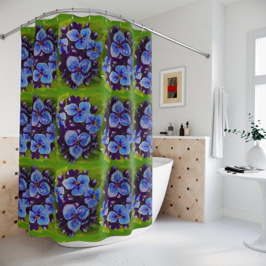 Purple Flowers on Green Shower Curtains, Beautiful Botanical Printed Bathroom Curtains