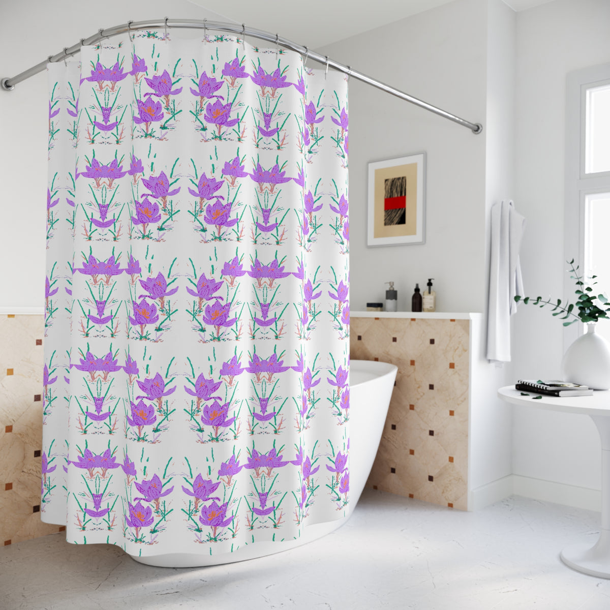 Crocus Flower Shower Curtain, Cute Beautiful Printed Nature Bathroom Curtain