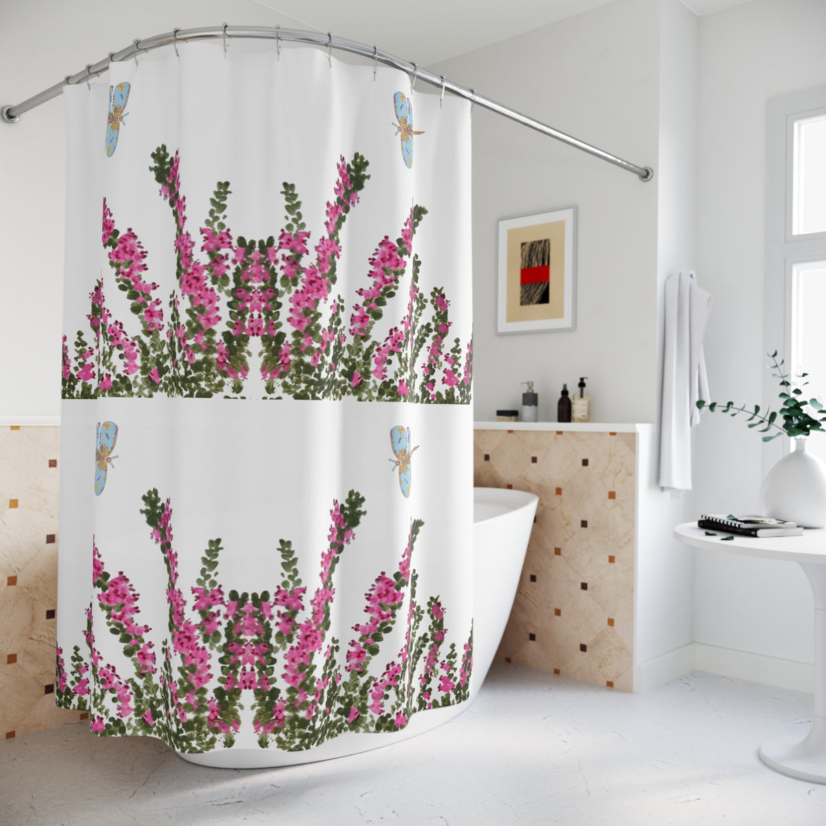 Heather Flower Patterned Shower Curtains, Nature Inspired Printed Floral Bath Curtain, Dragonfly Botanical Bathroom Decor