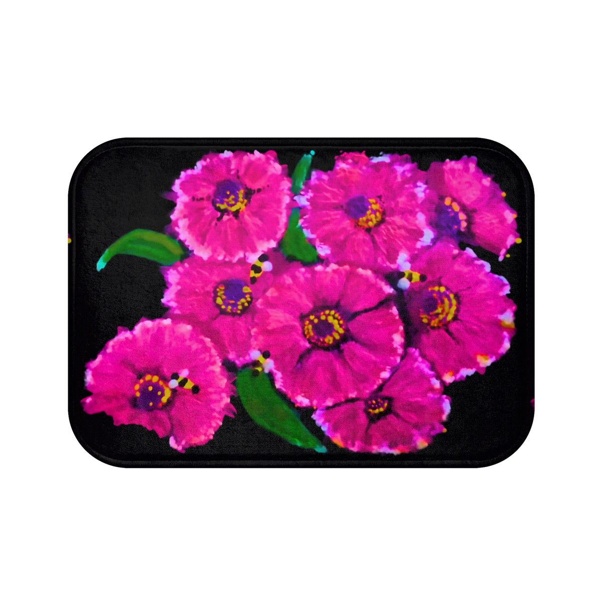 Pink Flowers on Black Bath Mat, Decorative Floral Bathroom Decor, Nature Inspired Accent Rug, Non Slip Backing with Memory Foam