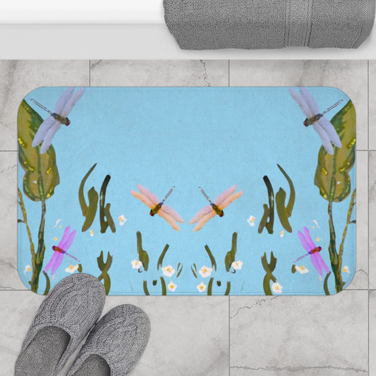 Dragonflies on Blue Bath Mat, Botanical Printed Floral Bathroom Refresh Gift, Decorative Spring Accent Rug