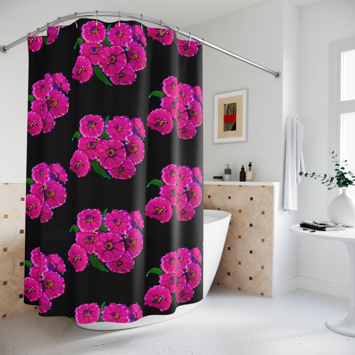 Pink Flowers on Black Shower Curtains, Decorative Floral Bathroom Curtain, Nature Inspired Bathroom Decor