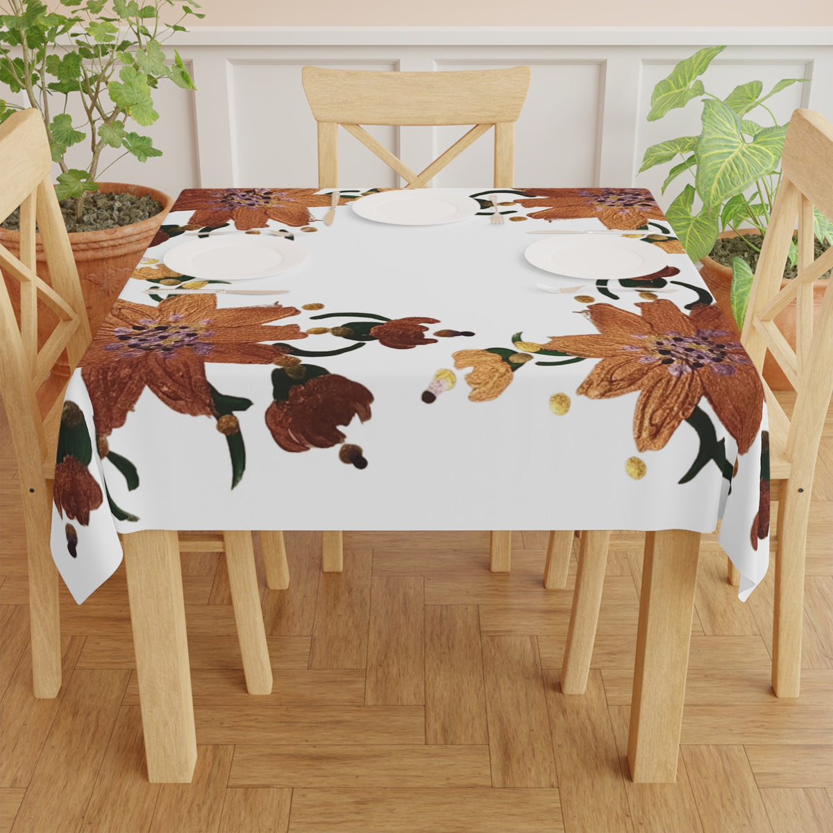 Shimmering Gold Floral Tablecloth, Festive Patterned Wedding Tablecloth, Square Holiday Tablecloth