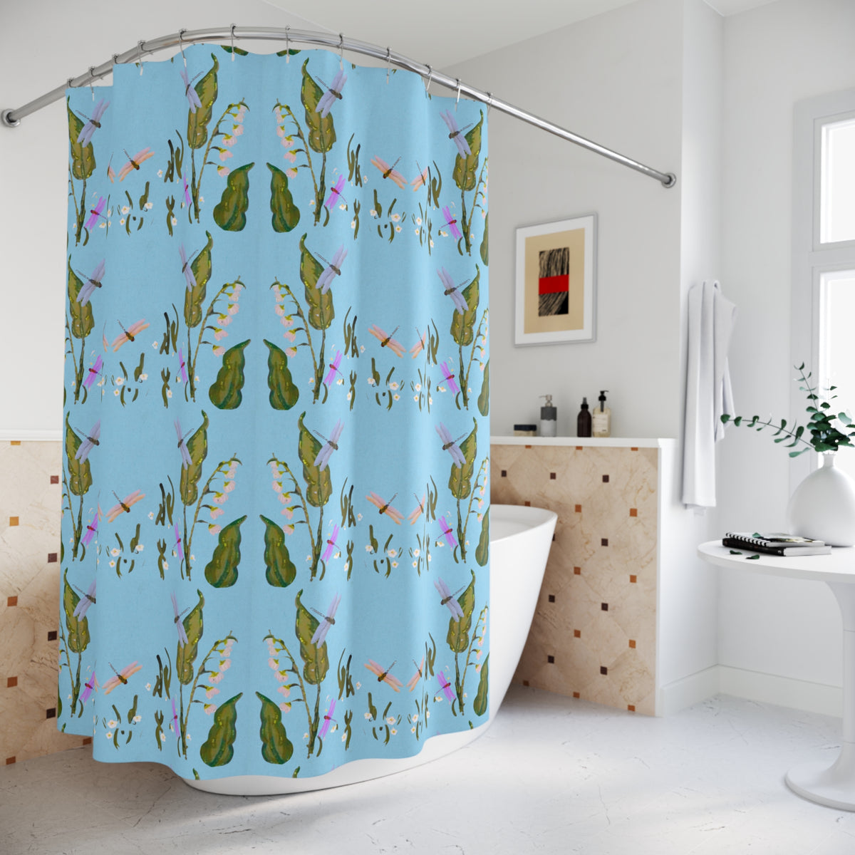 Dragonflies on Blue Botanical Shower Curtains, Zen Spa Printed Floral Bathroom Refresh Gift, Decorative Spring Bathroom Curtain