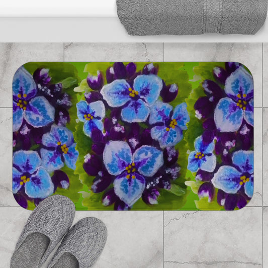 Purple Flowers on Green Bath Mat, Trendy Decorative Accent Rug, Non Slip, Memory Foam