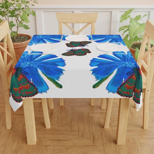 Blue Floral Patterned Tablecloth, Colorful Butterfly Printed Tablecloth, Decorative Farmhouse Table Throw