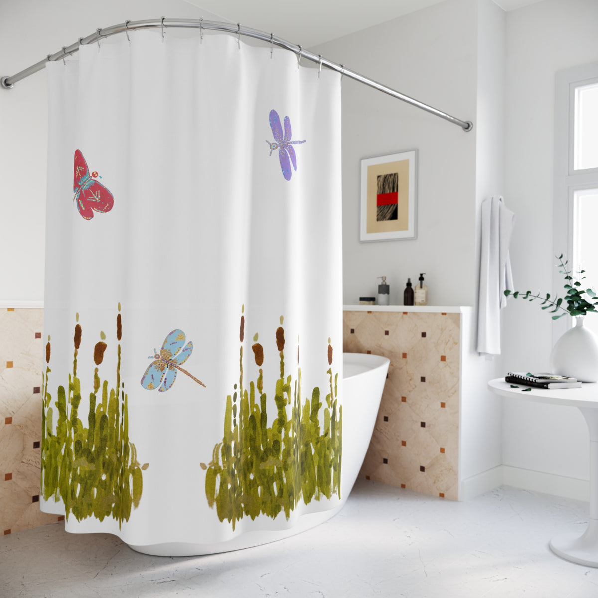Cattails and Dragonflies Shower Curtain, Decorative Floral Bathroom Curtain, Nature Inspired Bathroom Decor, Spring Bathroom Refresh Gift