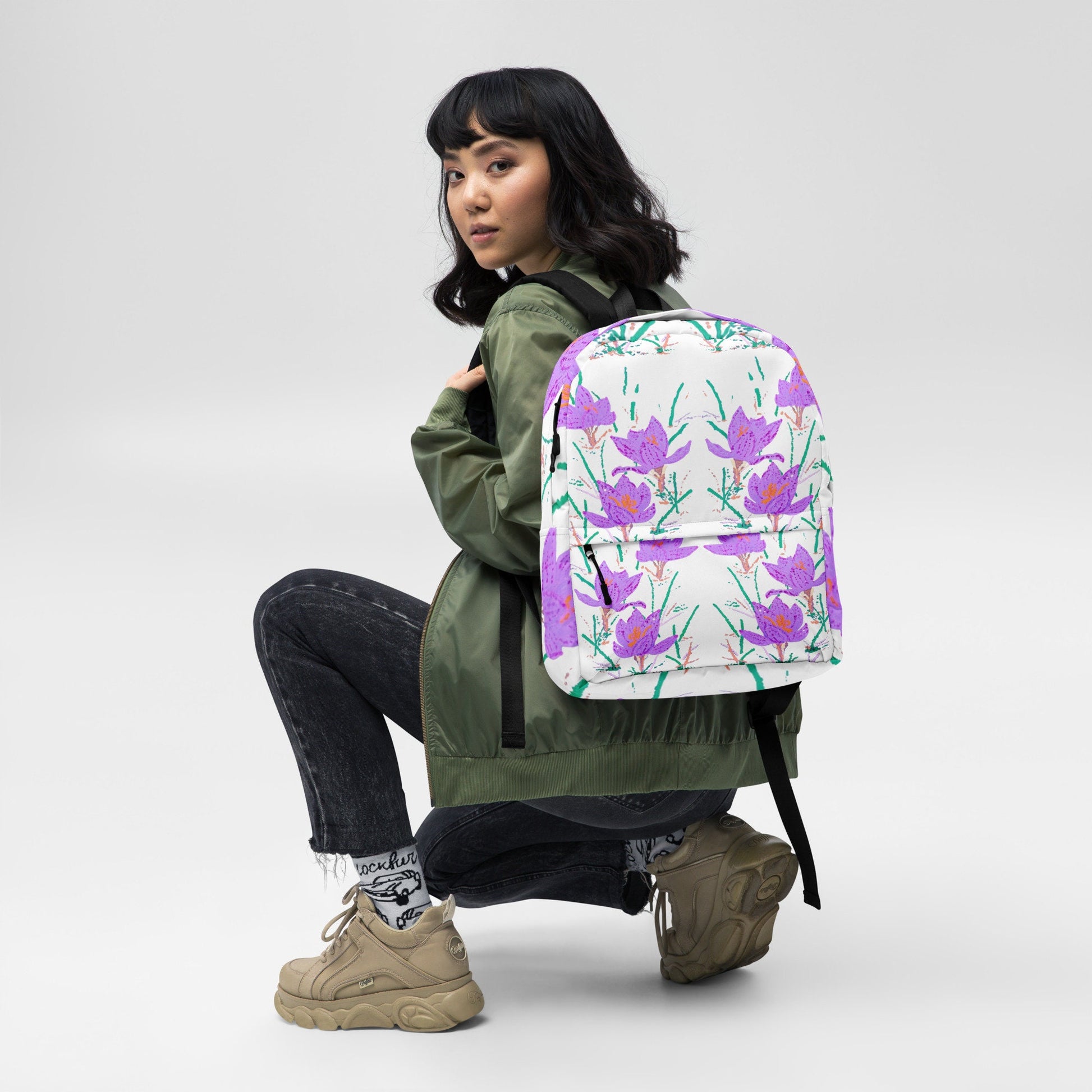 Crocus flower backpack,back to school,wildflower backpack,botanical backpack,country backpack,college backpack,aesthetic diaper bag,cool bag