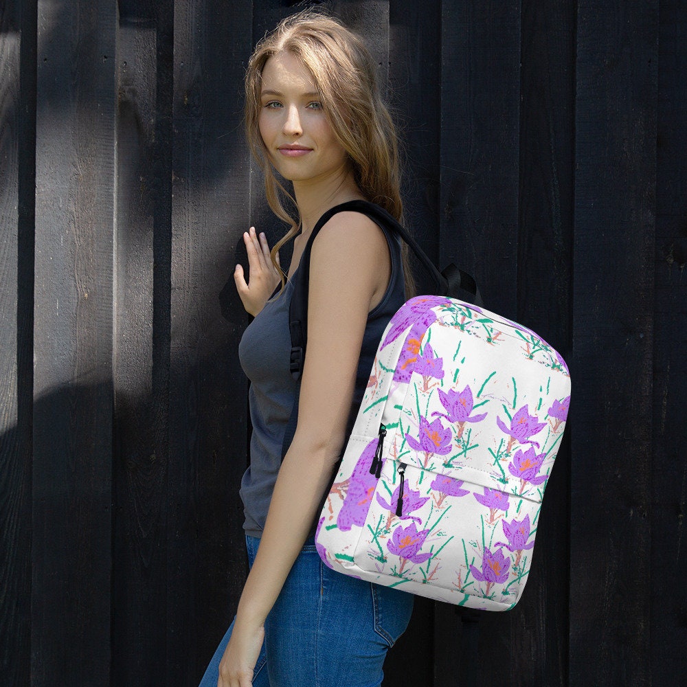 Crocus flower backpack,back to school,wildflower backpack,botanical backpack,country backpack,college backpack,aesthetic diaper bag,cool bag
