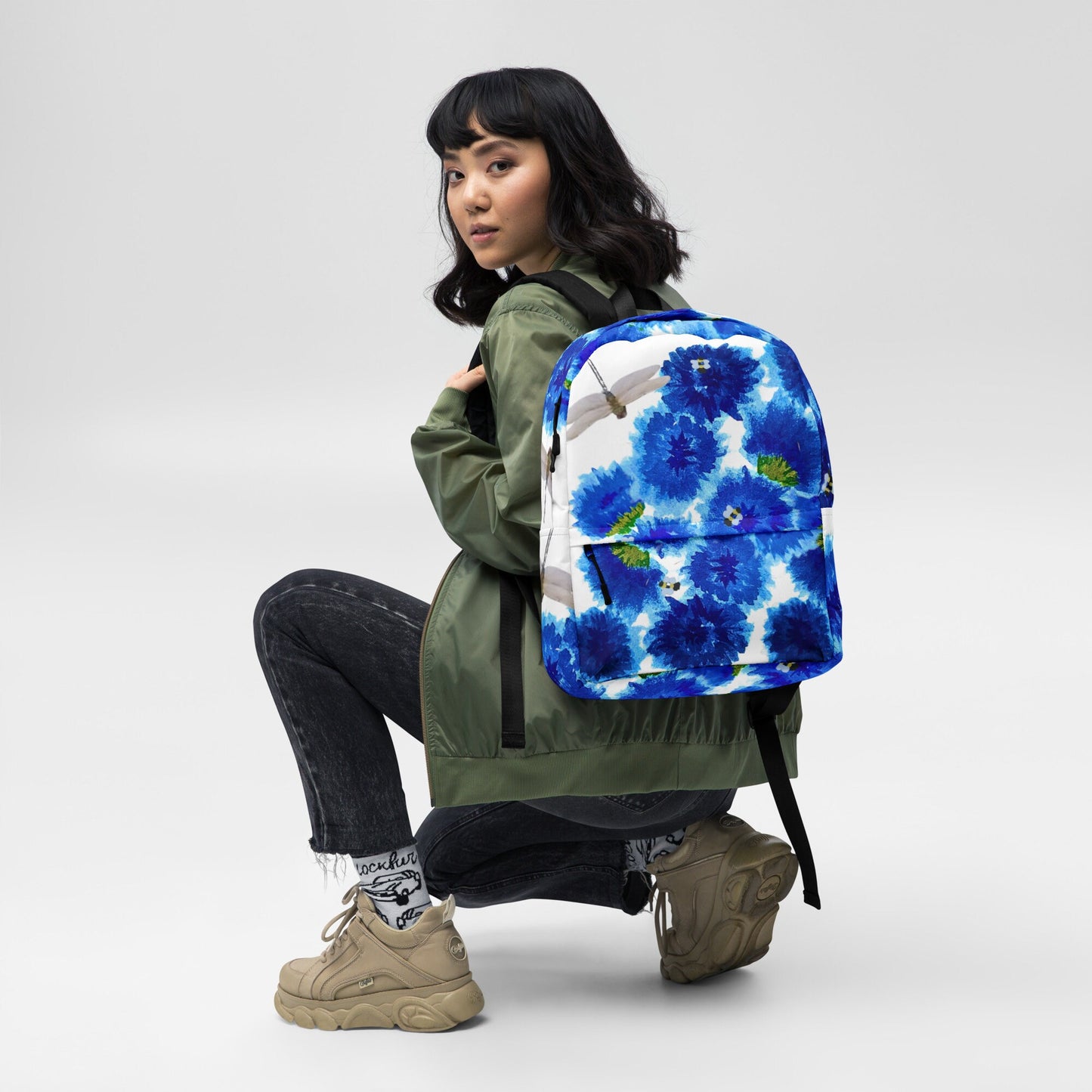 Blue painted flowers backpack,back to school,flower lover gift,botanical backpack,nature lover gift,college backpack,hiking backpack