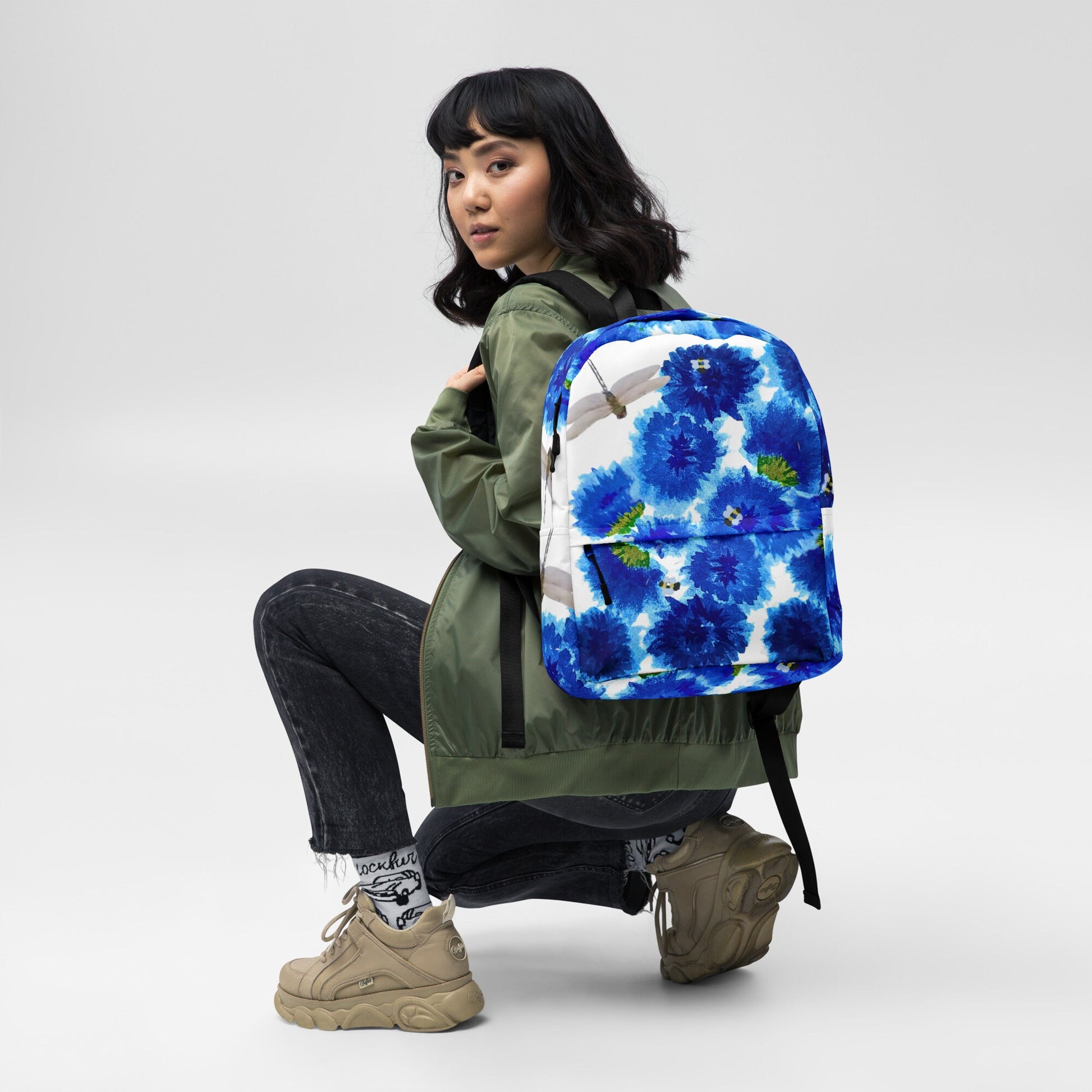 Blue painted flowers backpack,back to school,flower lover gift,botanical backpack,nature lover gift,college backpack,hiking backpack