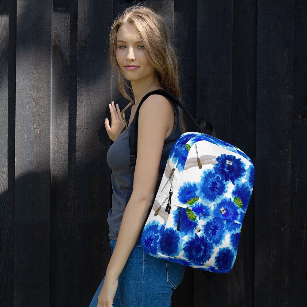 Blue painted flowers backpack,back to school,flower lover gift,botanical backpack,nature lover gift,college backpack,hiking backpack