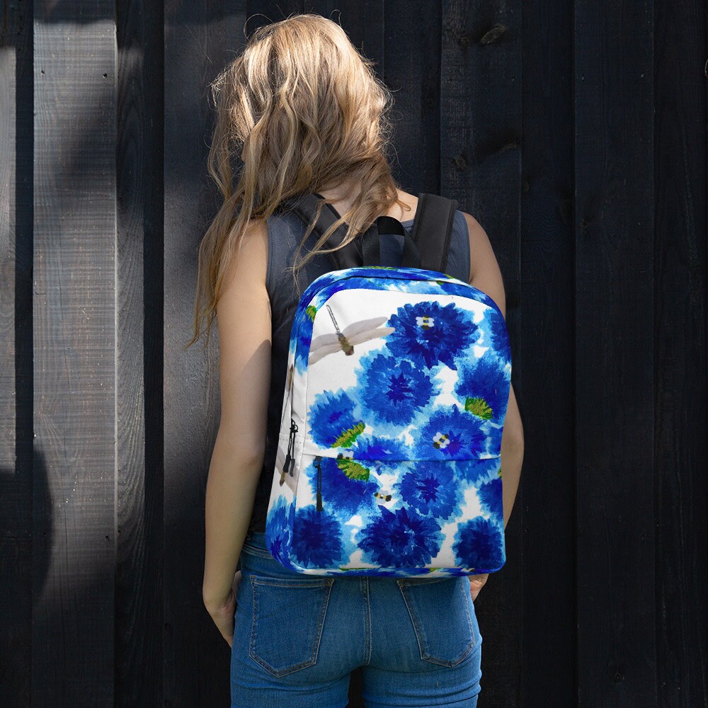 Blue painted flowers backpack,back to school,flower lover gift,botanical backpack,nature lover gift,college backpack,hiking backpack