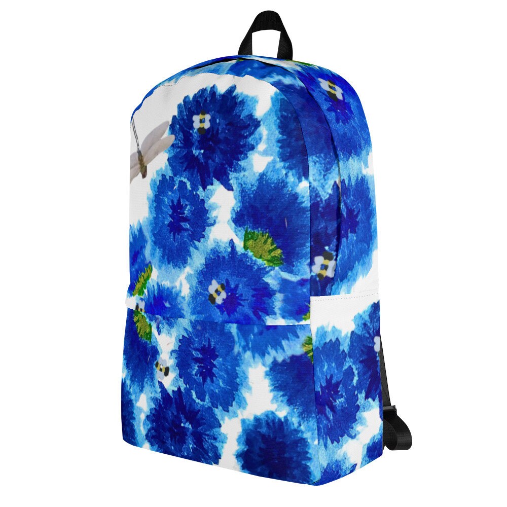 Blue painted flowers backpack,back to school,flower lover gift,botanical backpack,nature lover gift,college backpack,hiking backpack