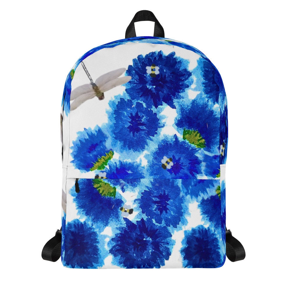Blue painted flowers backpack,back to school,flower lover gift,botanical backpack,nature lover gift,college backpack,hiking backpack