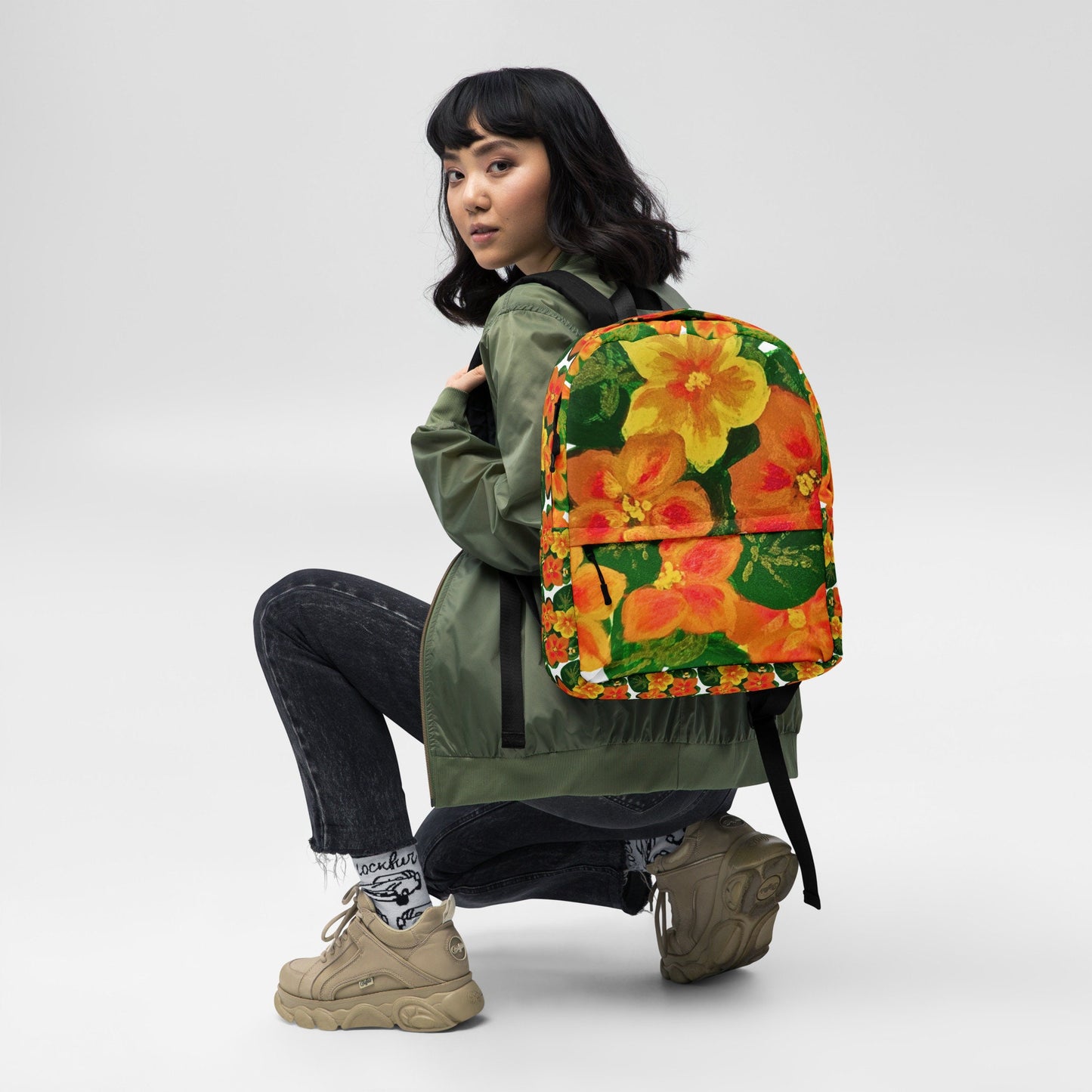 Orange flower backpack,back to school,college backpack,work backpack,hiking backpack,botanical backpack,aesthetic backpack,diaper bag