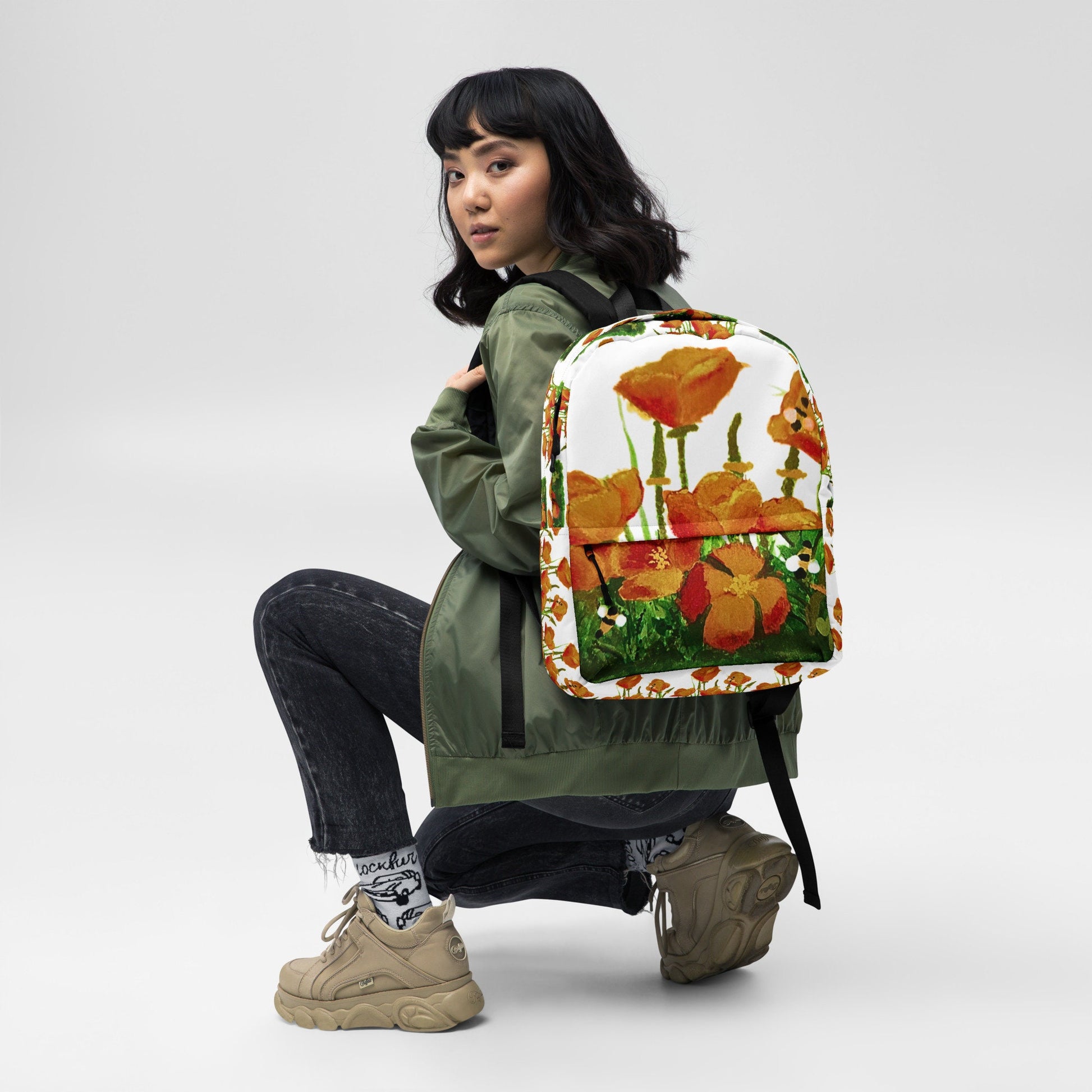 California poppies backpack,back to school,college backpack,hiking backpack,botanical backpack,country backpack,aesthetic diaper bag
