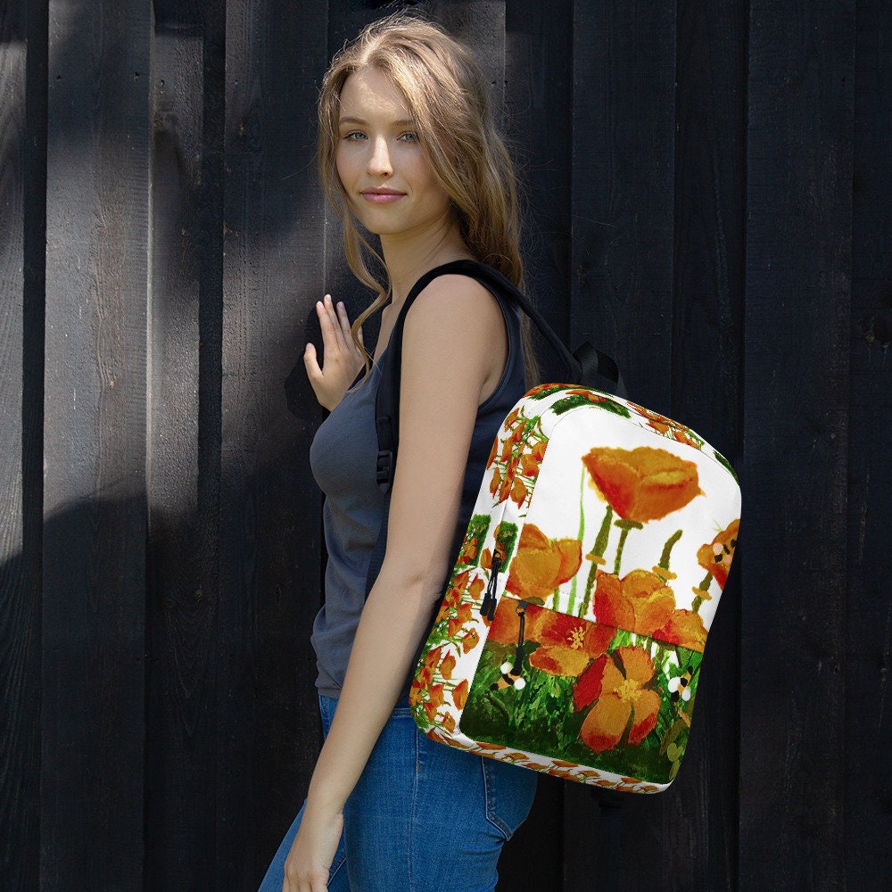 California poppies backpack,back to school,college backpack,hiking backpack,botanical backpack,country backpack,aesthetic diaper bag