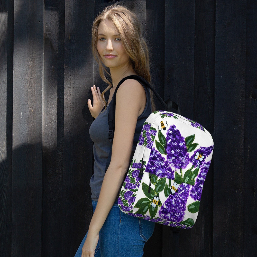 Lilac flower backpack,back to school,wildflower backpack,botanical gift,country backpack,college backpack,hiking backpack,womens diaper bag