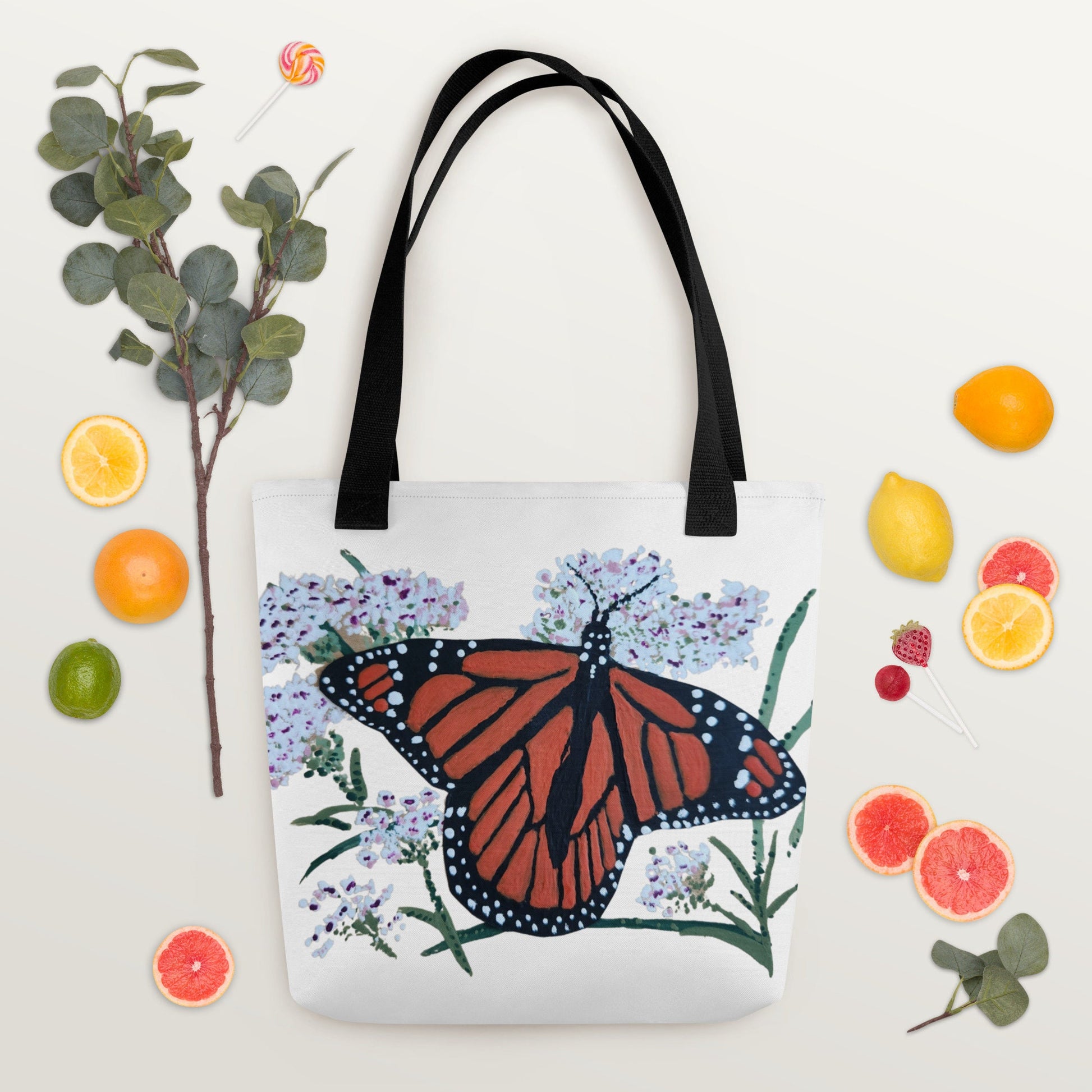 Monarch butterfly tote bag,botanical tote bag,reusable tote bag,farmers market bag,unisex tote bag,daycare bag,carry all,nurse tote bag