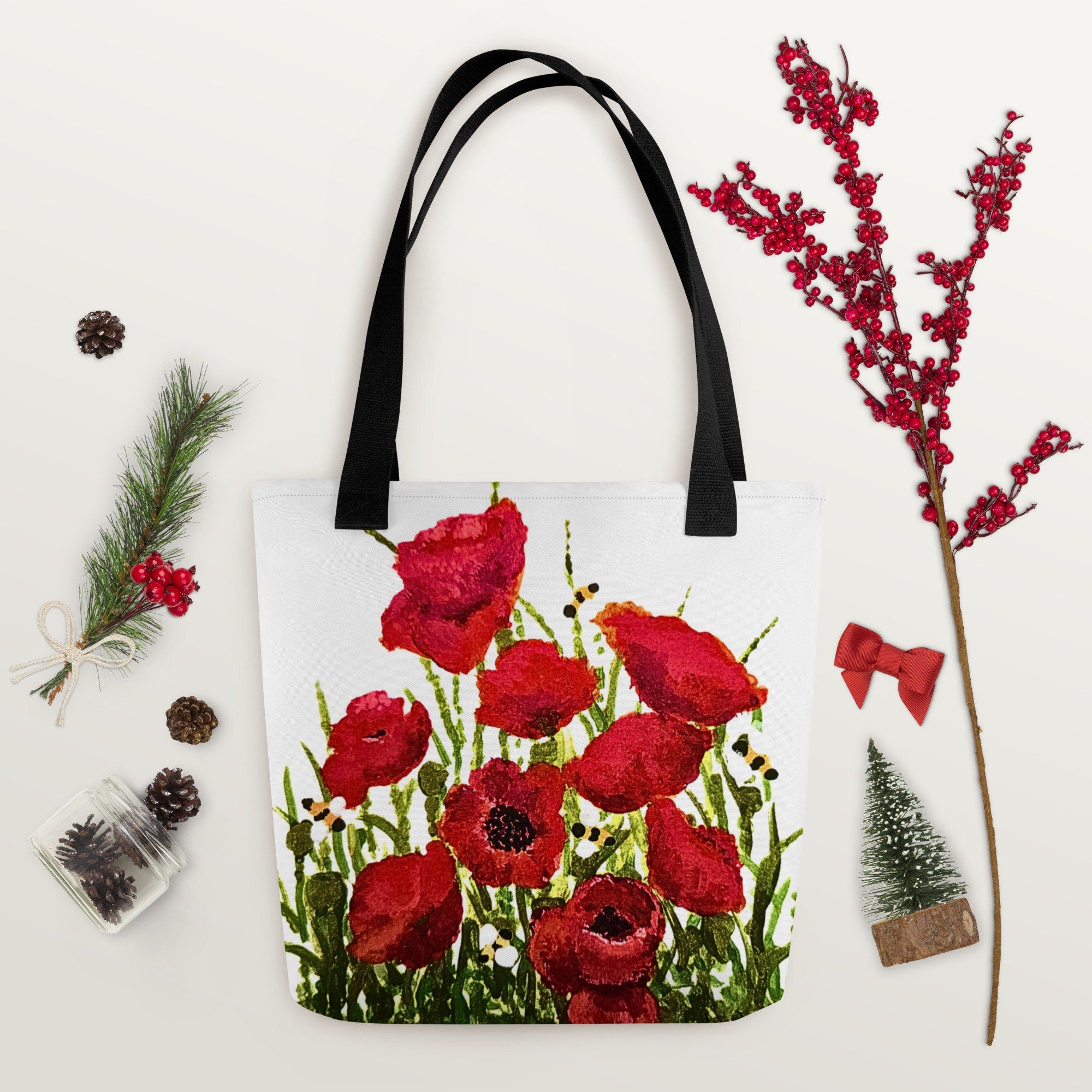 Red poppies reusable tote bag,botanical tote bag,beach tote bag