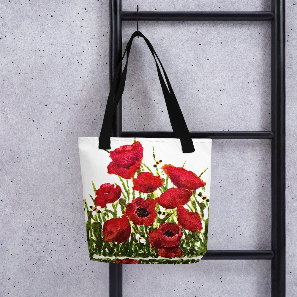 Red poppies reusable tote bag,botanical tote bag,beach tote bag,daycare bag,farmers market bag,nurse tote bag,carry all,durable tote bag