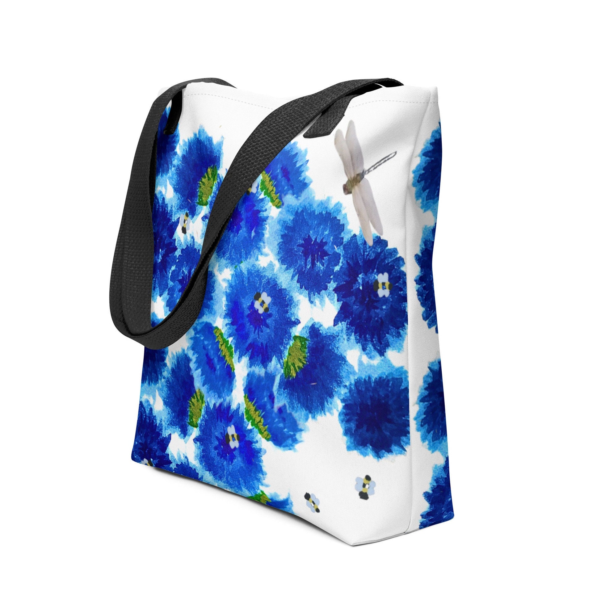 Reusable blue wildflower tote bag,beach tote bag,nurse tote bag,farmers market bag,carry all,dragonfly lover gift,nature lover gift