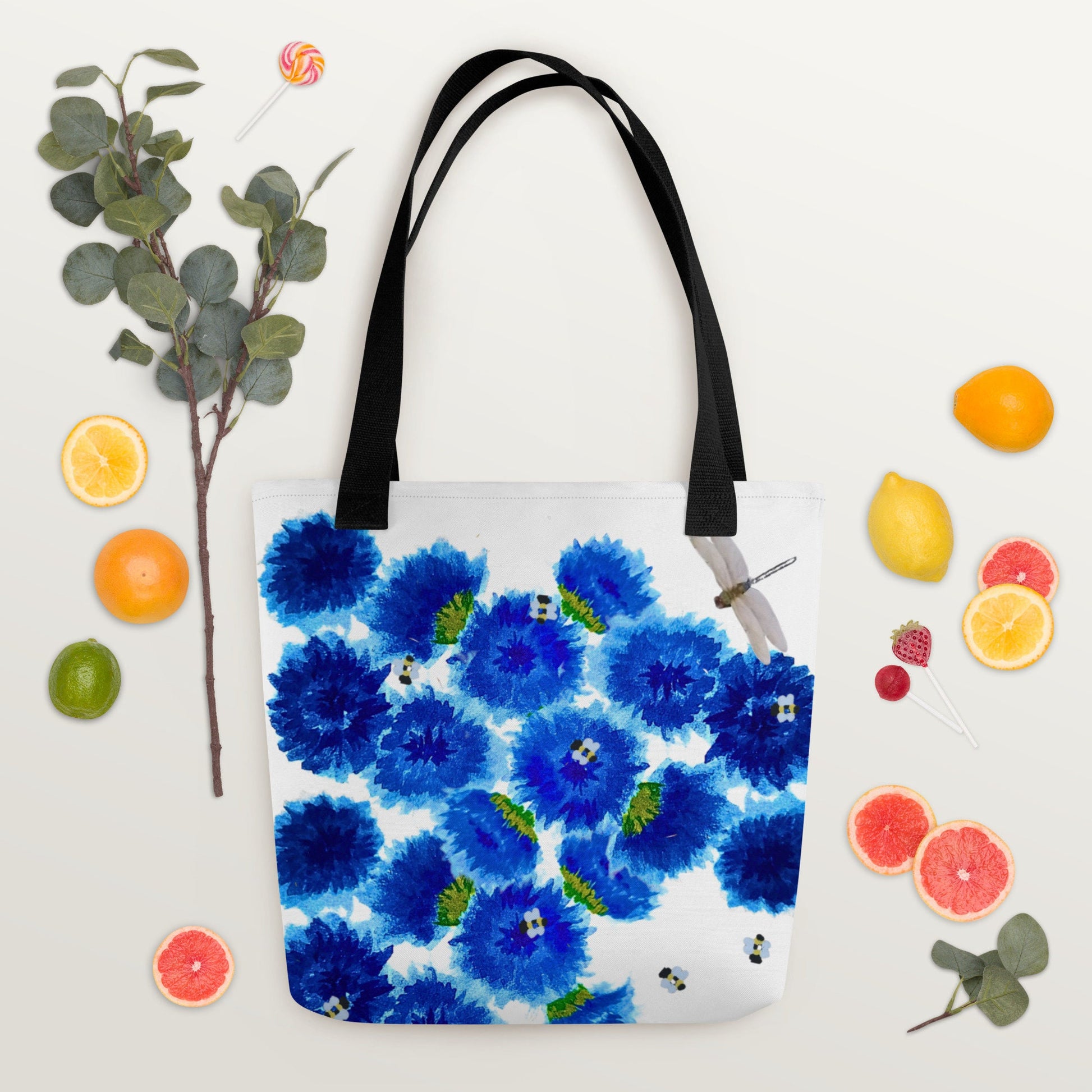 Reusable blue wildflower tote bag,beach tote bag,nurse tote bag,farmers market bag,carry all,dragonfly lover gift,nature lover gift