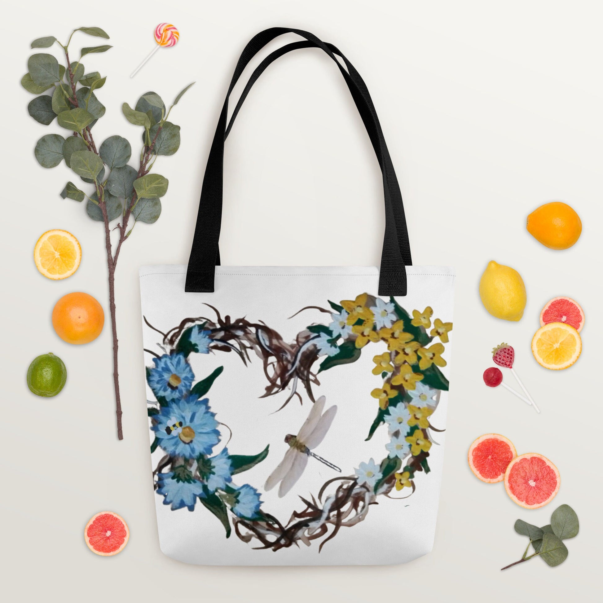 Reusable floral heart wreath tote bag,beach tote bag,nurse tote bag,farmers market bag,carry all,wildflower tote bag,colorful tote bag