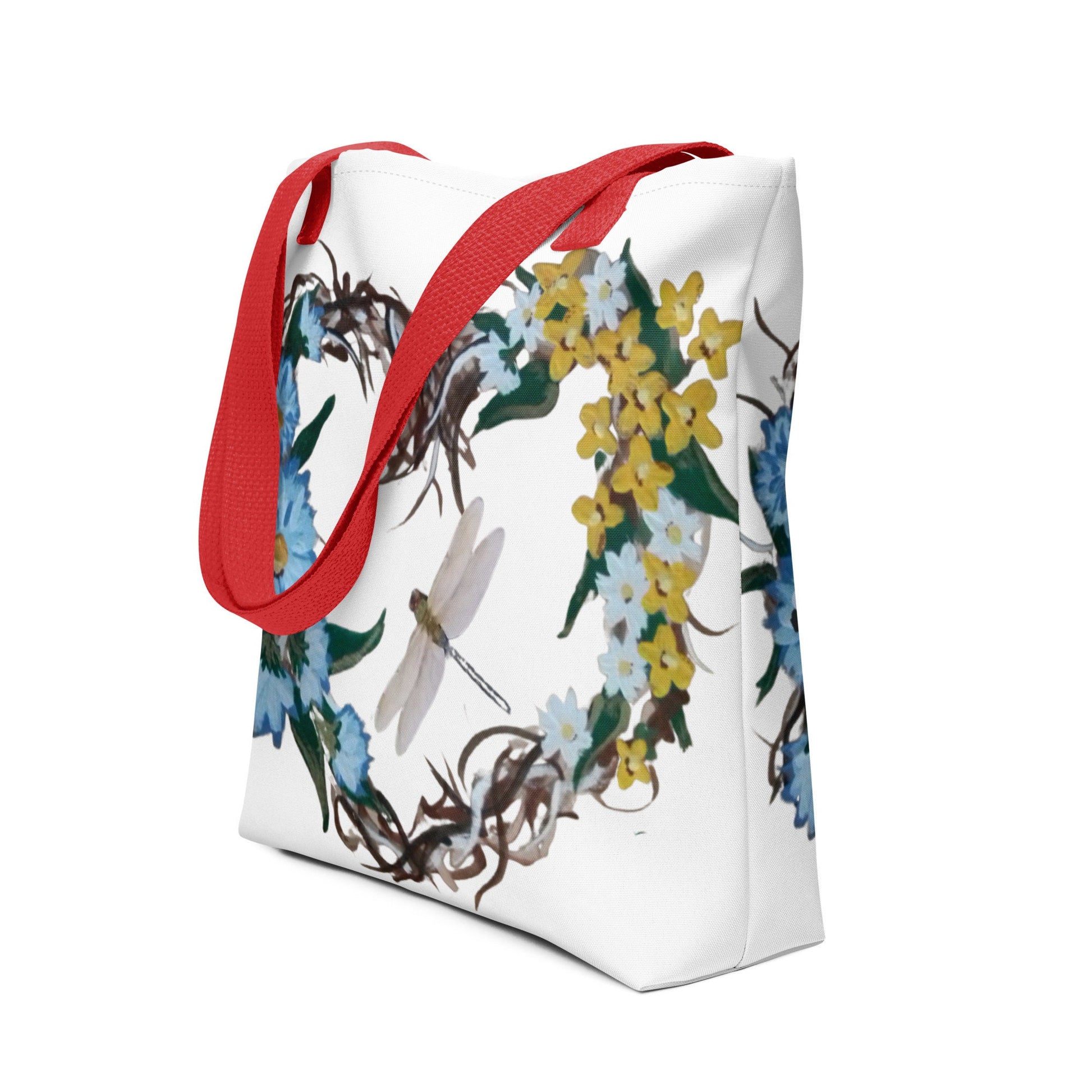 Reusable floral heart wreath tote bag,beach tote bag,nurse tote bag,farmers market bag,carry all,wildflower tote bag,colorful tote bag