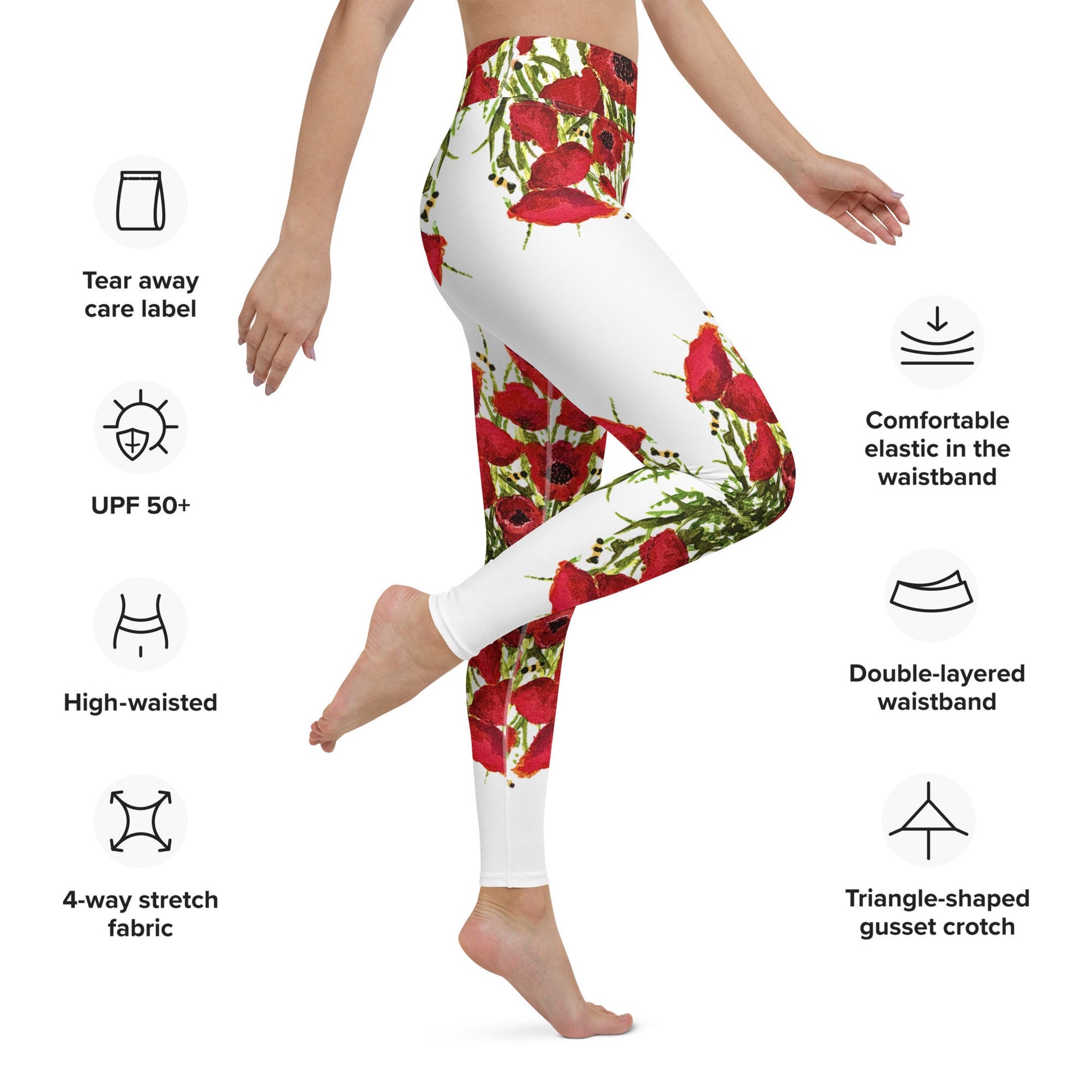 Red poppies yoga leggings,fitness leggings,workout pants,floral leggings,gym leggings,spandex leggings,colorful leggings,high waist leggings