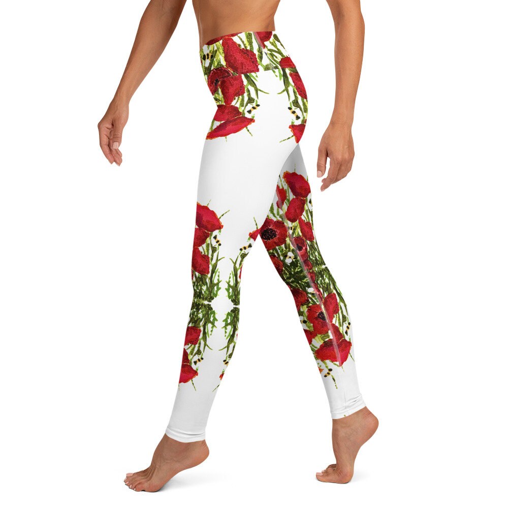 Red poppies yoga leggings,fitness leggings,workout pants,floral leggings,gym leggings,spandex leggings,colorful leggings,high waist leggings