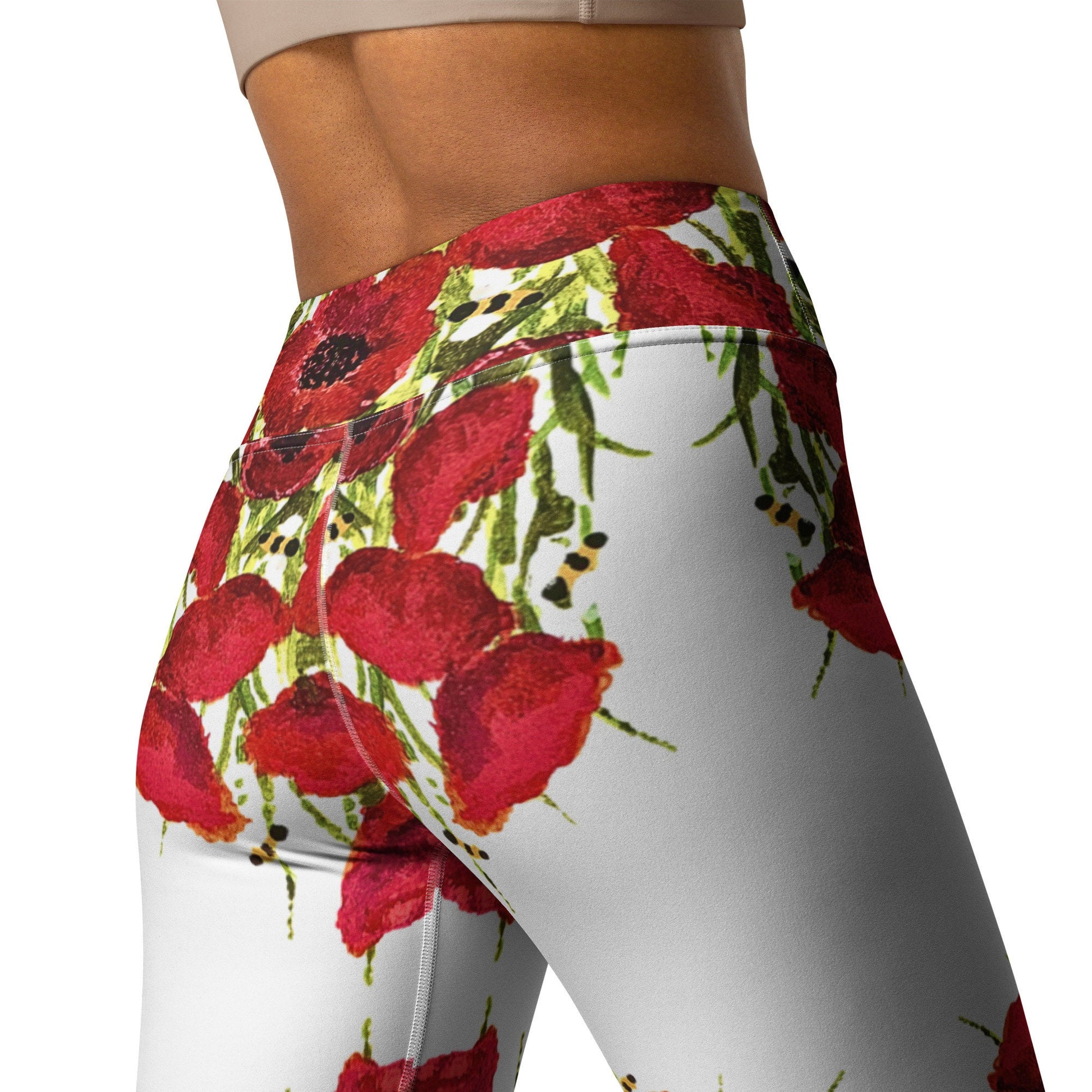 Red poppies yoga leggings,fitness leggings,workout pants,floral leggings,gym leggings,spandex leggings,colorful leggings,high waist leggings