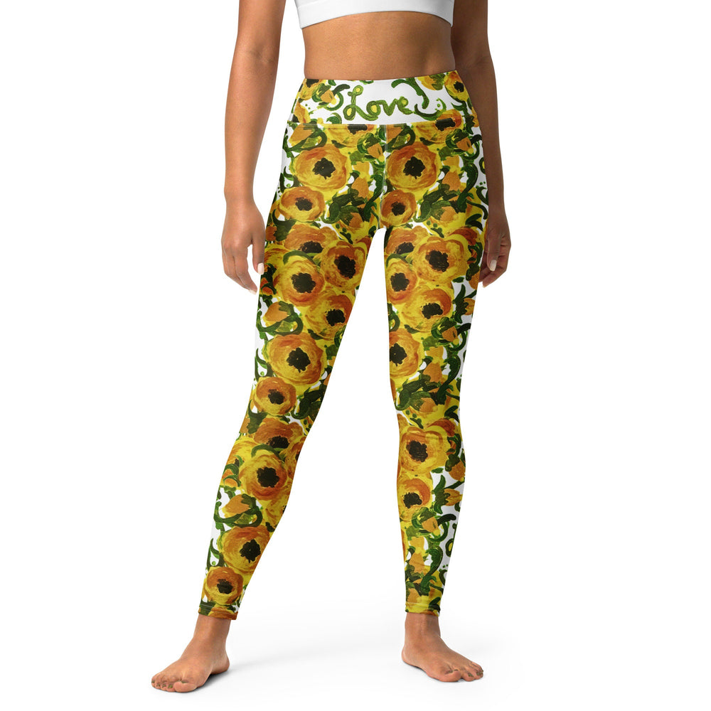 Yellow floral love yoga Leggings,fitness leggings,workout pants,gym leggings,spandex leggings,fun leggings,activewear,women tights
