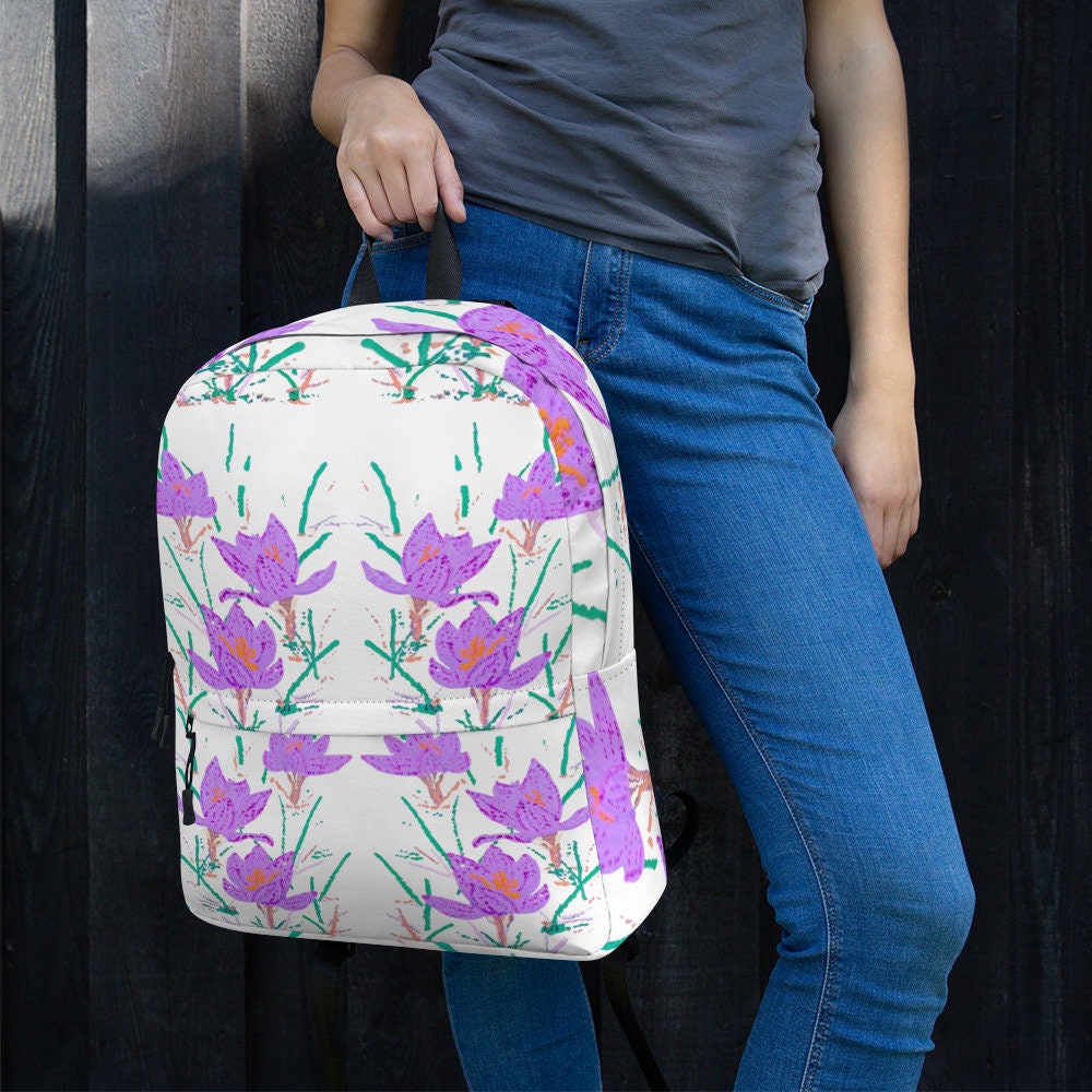 Crocus flower backpack,back to school,wildflower backpack,botanical backpack,country backpack,college backpack,aesthetic diaper bag,cool bag
