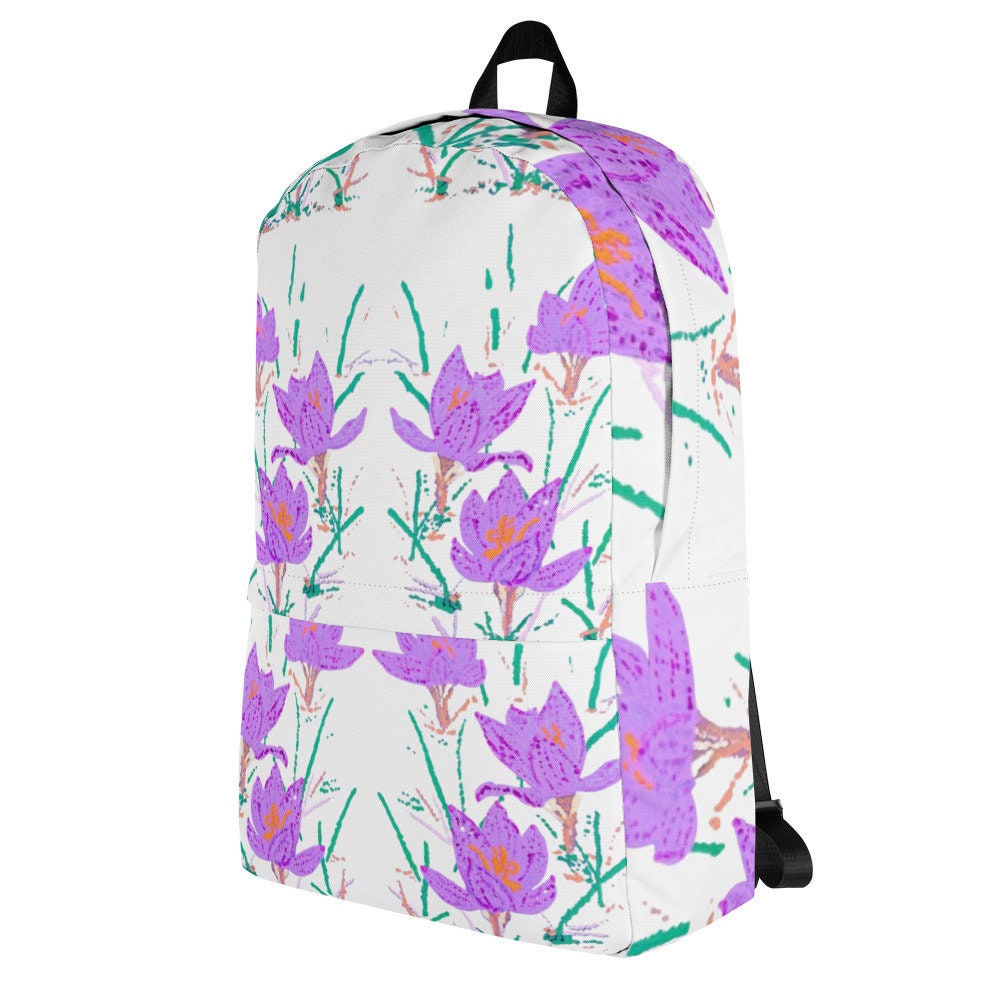 Crocus flower backpack,back to school,wildflower backpack,botanical backpack,country backpack,college backpack,aesthetic diaper bag,cool bag