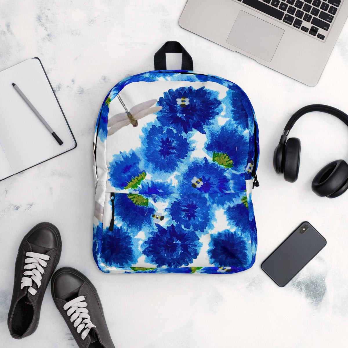 Blue painted flowers backpack,back to school,flower lover gift,botanical backpack,nature lover gift,college backpack,hiking backpack