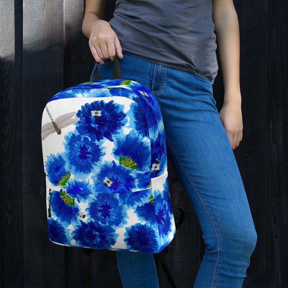 Blue painted flowers backpack,back to school,flower lover gift,botanical backpack,nature lover gift,college backpack,hiking backpack