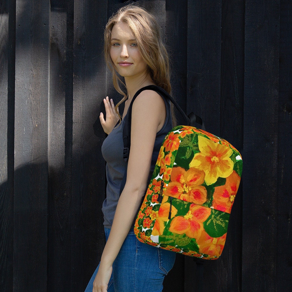 Orange flower backpack,back to school,college backpack,work backpack,hiking backpack,botanical backpack,aesthetic backpack,diaper bag