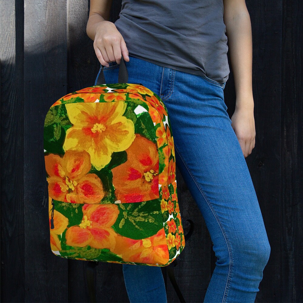 Orange flower backpack,back to school,college backpack,work backpack,hiking backpack,botanical backpack,aesthetic backpack,diaper bag