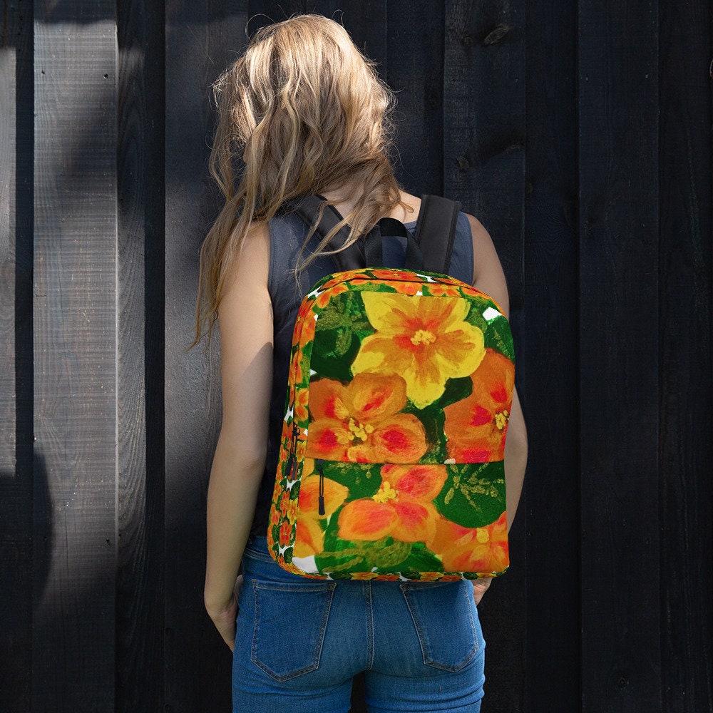 Orange flower backpack,back to school,college backpack,work backpack,hiking backpack,botanical backpack,aesthetic backpack,diaper bag